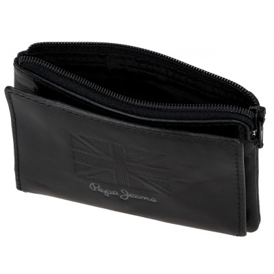 Carteira preta em couro com fecho de correr e logótipo Pepe Jeans