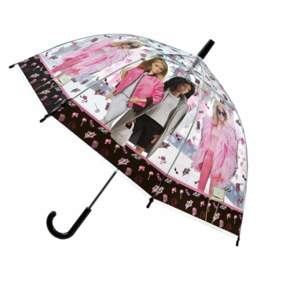 Guarda-chuva transparente com imagens de mulheres e padrão rosa e preto