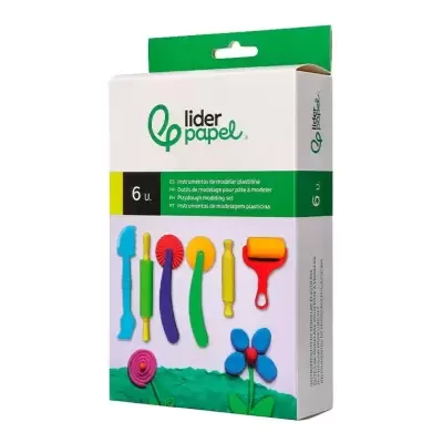 Embalagem de instrumentos para modelar plastilina da marca lider papel com ferramentas coloridas