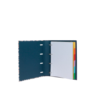 Agenda ou caderno de argolas azul aberto com divisórias coloridas