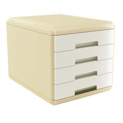 Organizador de escritório em plástico bege com quatro gavetas brancas