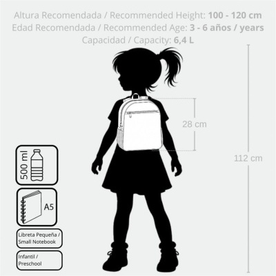 Silhueta de criança com mochila branca e dimensões