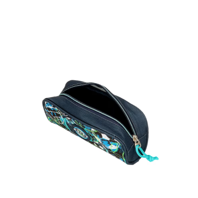 Estojo azul escuro com padrão colorido e zíper aberto