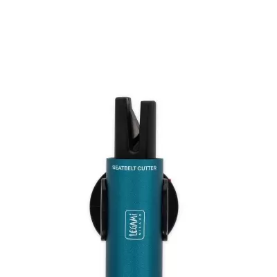 Cortador de cintos de segurança azul com texto e logótipo em branco