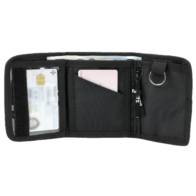 Carteira preta de tecido aberta com compartimentos para cartões e chaveiro.