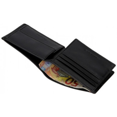 Carteira de pele preta aberta com nota de 50 euros visível