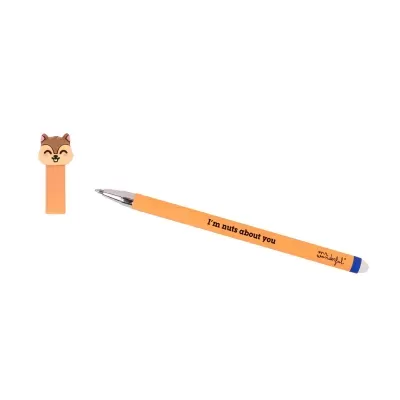 Caneta esferográfica laranja com figura de esquilo na tampa