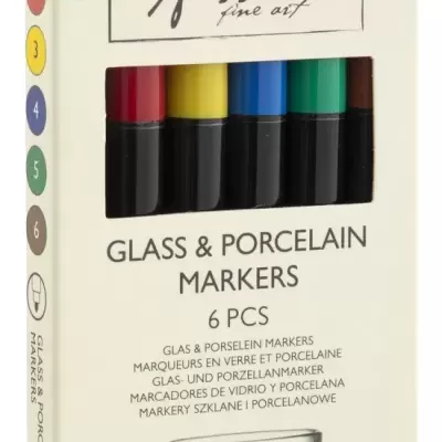 Conjunto de 6 marcadores para vidro e porcelana Nassau fine art com 6 cores e ilustrações de canecas na embalagem