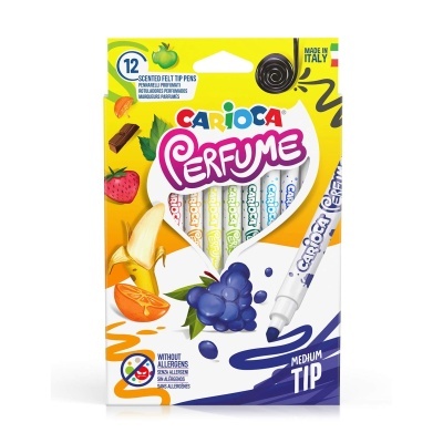 Pacote de marcadores perfumados CARIOCA PERFUME com 12 unidades e ilustrações de frutas.