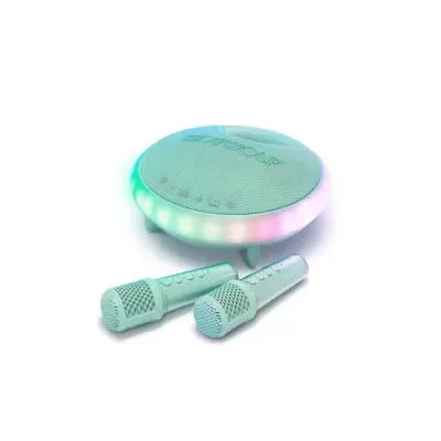 Kit de karaoke com duas microfones e coluna redonda azul com luzes coloridas