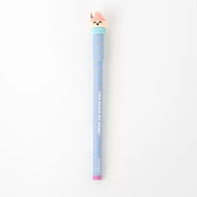 Caneta azul com tampa em forma de gelado sorridente
