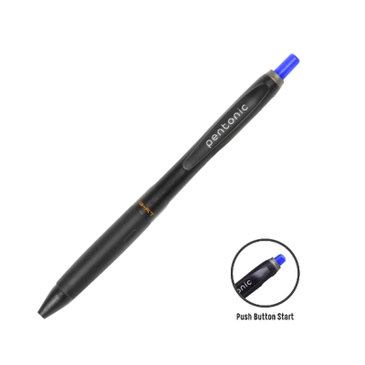 Caneta esferográfica preta com botão azul e texto pentonic.
