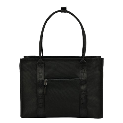 Saco de senhora preto com alças longas e bolso frontal com fecho