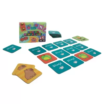 Jogo de memória e dominó com peças coloridas e caixa com texto e imagens de animais e frutas