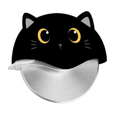 Cortadora de pizza com cabo em forma de gato preto e lâmina metálica circular