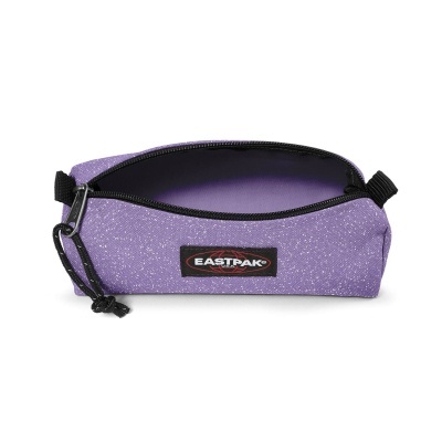 Estojo escolar amarelo com padrão de pontos e etiqueta EASTPAK.