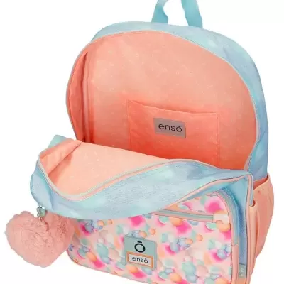 Mochila colorida com padrão de bolas pastel e bolso frontal