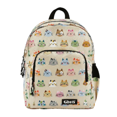 Mochila pequena bege com padrão colorido de rostos de gatos e etiqueta Ghuts