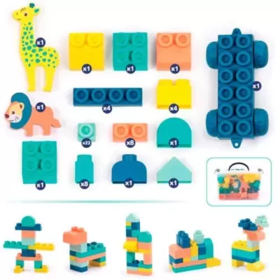 Blocos de construção coloridos e figuras de girafa e leão com mala transparente