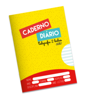 Caderno diário amarelo com texto e áreas para preencher informações escolares