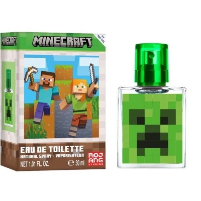 Perfume Minecraft Eau de Toilette com frasco transparente e tampa verde e caixa colorida com personagens pixelados