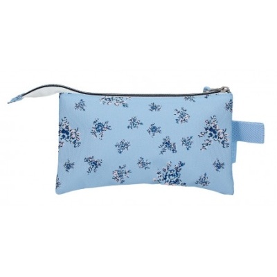 Necessaire azul claro com padrão de flores pequenas azuis e brancas