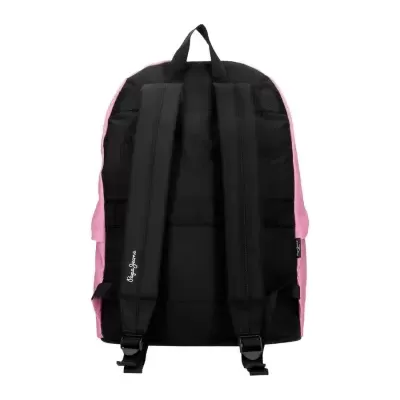 Mochila preta e rosa com alças acolchoadas e texto Pepe Jeans