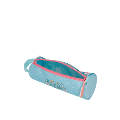 Estojo cilíndrico azul claro com bolinhas brancas e fecho rosa aberto