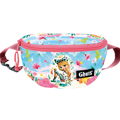 Bolsa de cintura azul com padrão floral e ilustração de rapariga, fecho cor-de-rosa, etiqueta 'Ghtus'.