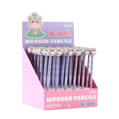 Expositor com lápis de madeira BE HIPPO e cabeças de hipopótamo em borracha