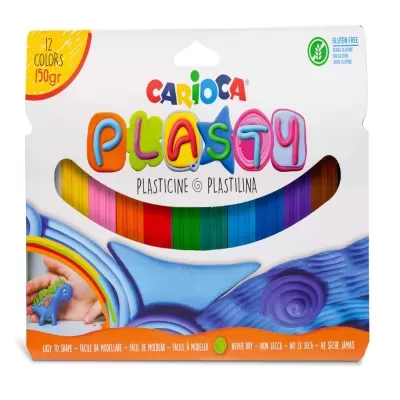 Embalagem de plastilina multicolor CARIOCA PLASTU com janela e selo Gluten Free