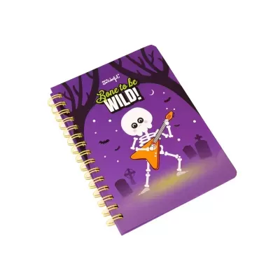 Caderno espiral roxo com ilustração de esqueleto e texto Bone to be WILD