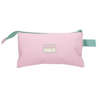 Estojo retangular cor-de-rosa com fecho verde-água e etiqueta MOVOM