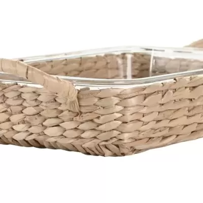 Tabuleiro retangular de vidro com suporte trançado em fibra natural e alças