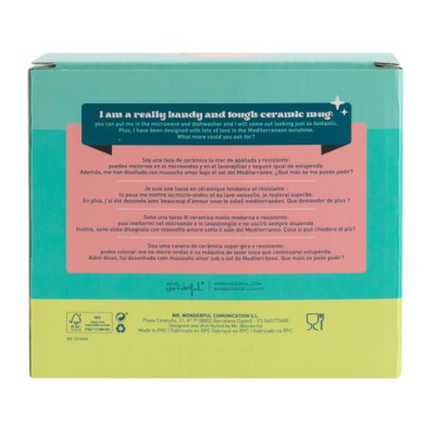 Caixa colorida com texto descritivo sobre canecas cerâmicas resistentes e duráveis