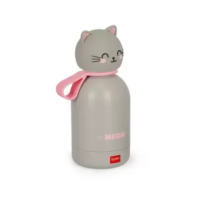 Garrafa térmica cinza com tampa em forma de cabeça de gato e detalhes rosa