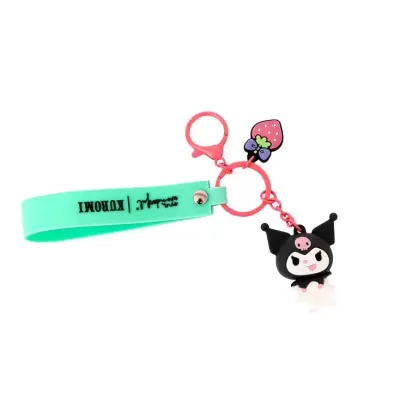 Chaveiro colorido com personagem preto e branco e fita verde água com texto preto