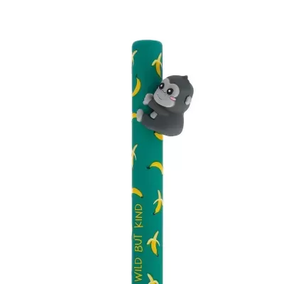 Caneta verde com padrão de bananas e apanhador em forma de macaco cinzento