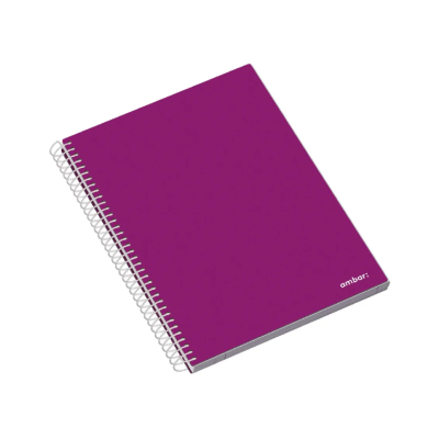 Caderno roxo com espiral branca e texto 'ambar.'
