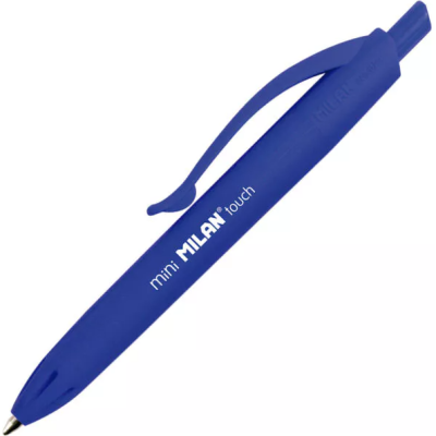 Caneta esferográfica azul com texto 'mini MILAN touch'