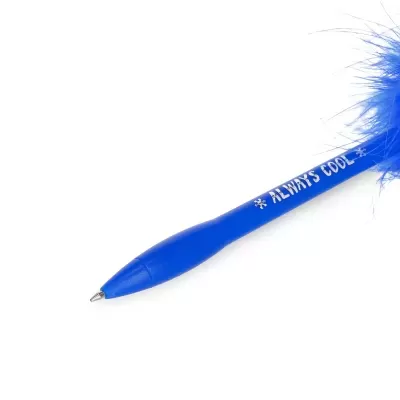 Caneta esferográfica azul com pena e texto 'ALWAYS COOL'