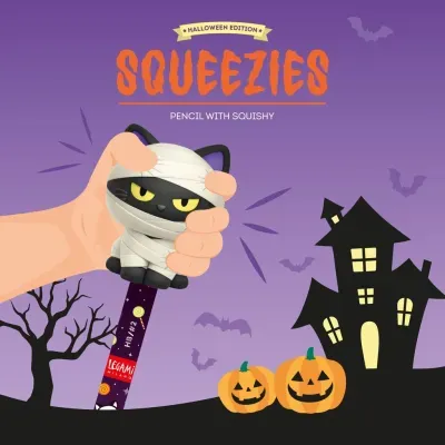 Lápis com topper de gatinho múmia Halloween, fundo roxo com abóboras, morcegos e casa assombrada
