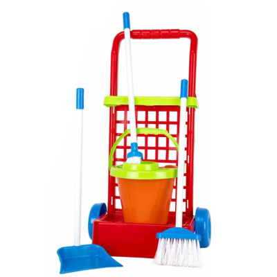 Carrinho de brinquedo com balde, esfregona e pá de cores vibrantes