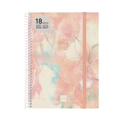 Agenda espiral floral com elástico rosa e texto 2026 2027