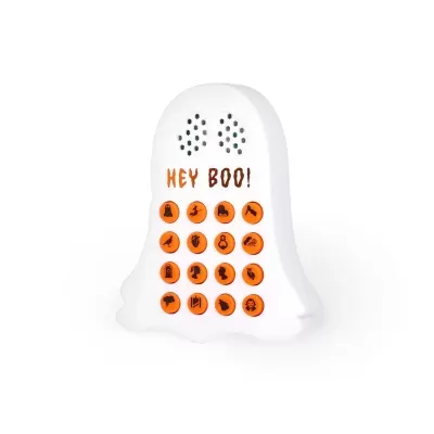 Telemóvel de plástico em forma de fantasma, com botões laranja e texto HEY BOO!
