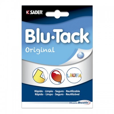 Embalagem Blu-Tack Original azul e branco com texto e ilustrações