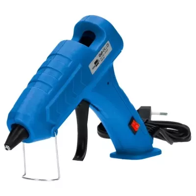 Pistola de cola quente azul com cabo preto e interruptor vermelho