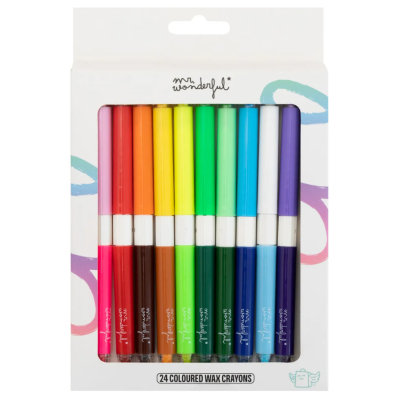 Caixa branca com 24 ceras coloridas em pau, embaladas, com texto Mr Wonderful e 24 COLOURED WAX CRAYONS.