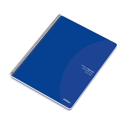 Caderno espiral com capa azul e texto branco.