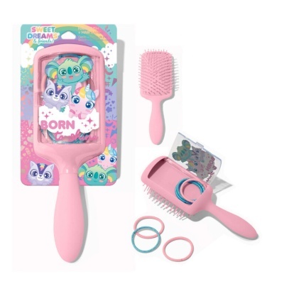 Escova de cabelo cor-de-rosa com elásticos e embalagem colorida com personagens de desenhos animados